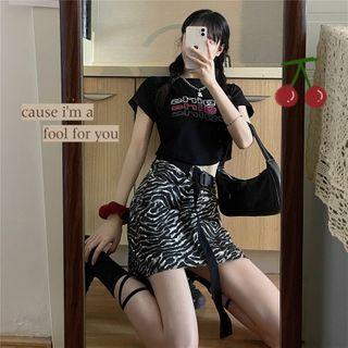 Lettering Cropped Top + Zebra Print Mini Skirt