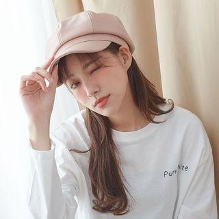 Faux Leather Plain Newsboy Cap