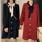 Long-sleeve Tie-neck Two-tone Knit Dress