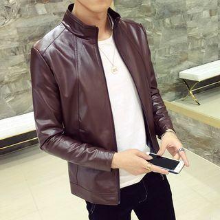 Stand Collar Faux Leather Jacket