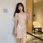 Short-sleeve Sequined Lace Mini Bodycon Dress