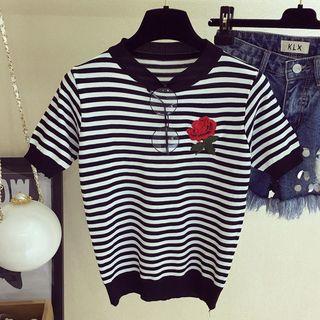 Rose Embroidered Short-sleeve Knit Top