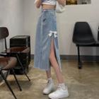 Bow Washed Midi A-line Denim Skirt