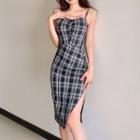 Spaghetti Strap Plaid Side-slit Sheath Dress