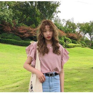 Dotted Tie-back Flutter-sleeve Blouse