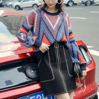 Patterned Sweater / Mini A-line Knit Skirt / Set