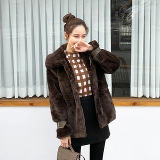 Buckled-cuff Fuax-fur Jacket Brown - One Size
