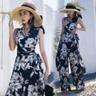 Sleeveless Floral Print Wide-leg Jumpsuit Blue - One Size