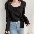Puff-sleeve Square Neck Plain Ruched Knotted Chiffon Blouse