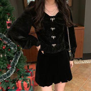 Faux Pearl Bow Velvet Blouse