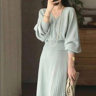Set: Lantern-sleeve V-neck Sweater + Midi A-line Skirt