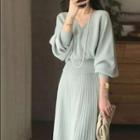 Set: Lantern-sleeve V-neck Sweater + Midi A-line Skirt