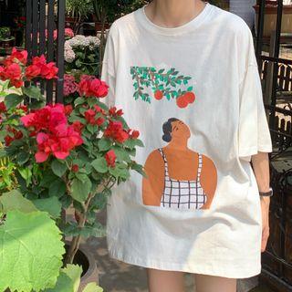 Elbow-sleeve Print T-shirt / Midi Skirt