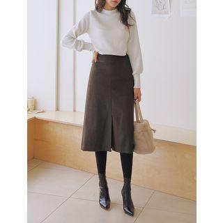 Plus Size Slit-hem Napped Midi Skirt
