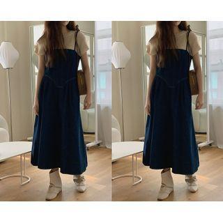 Spaghetti-strap Denim Flared Long Dress One Size