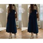 Spaghetti-strap Denim Flared Long Dress One Size