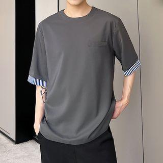 Elbow-sleeve Striped Trim T-shirt