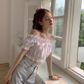 Ruffled Off-shoulder Short-sleeve Cropped Blouse