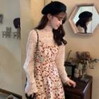 Floral Spaghetti Strap A-line Dress / Lace Long-sleeve Top / Cardigan