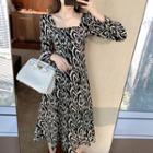 Long-sleeve Square Neck Pattern Print Dress