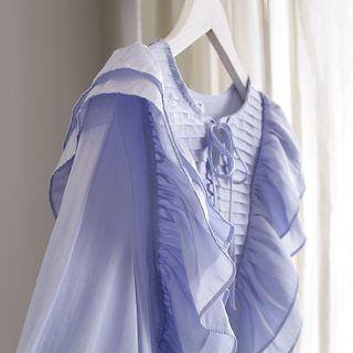 Crewneck Plain Striped Ruffle Blouse Blue - One Size
