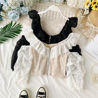 Ruffle-detail Cold-shoulder Lace Blouse