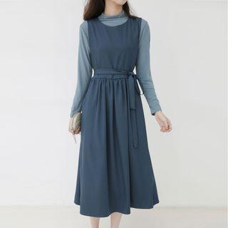 Mock-turtleneck Long-sleeve Top / Midi A-line Pinafore Dress