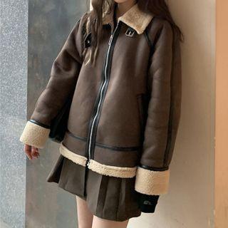 Fleece Line Faux Leather Zip-up Jacket Coffee - One Size
