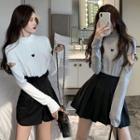 Mock-turtleneck Long-sleeve Heart Embroidered Cutout T-shirt