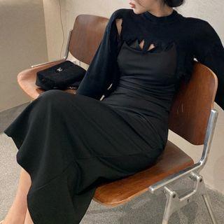 Spaghetti Strap Midi Bodycon Dress / Distressed Knit Shrug