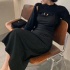Spaghetti Strap Midi Bodycon Dress / Distressed Knit Shrug