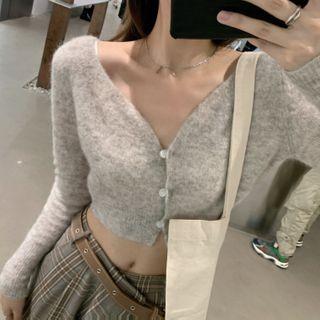Long-sleeve Buttoned Knit Crop Top / Plaid Wide-leg Pants