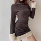Long Sleeve Mock Neck Furry Trim Ruched Mini Dress