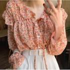Long-sleeve Ruffled Floral Print Blouse Tangerine - One Size