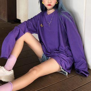 Moon Embroidered Long-sleeve T-shirt Purple - One Size
