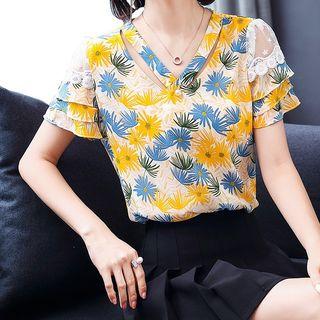 Short-sleeve V-neck Flower Print Blouse