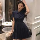 Short-sleeve Polo-neck Pleated Mini Dress