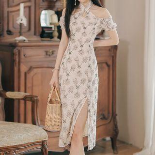 Cold-shoulder Floral Print Ruffled Bodycon Dress