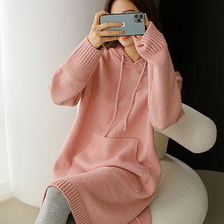 Kangaroo-pocket Midi Knit Hoodie Dress