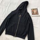 Plain Zipper Long-sleeve Hooded Jacket Black - One Size