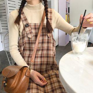 Check Jumper Dress / Plain Mock-neck Long-sleeve Knit Top