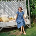 Embroidery Long Trapeze Dress Blue - One Size