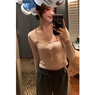 Long-sleeve Square-neck Cropped T-shirt Pink - One Size