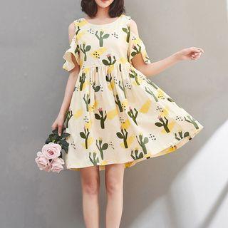 Elbow-sleeve Cold Shoulder Cactus Print Ruffled Dress
