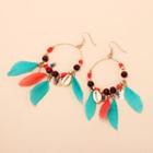 Feather Wooden Bead Alloy Hoop Fringed Earring