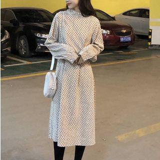 Heart Print Long-sleeve Midi A-line Dress As Shown In Figure - One Size