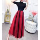 Short-sleeve / Long-sleeve Knit Top / Midi A-line Mesh Skirt / Set