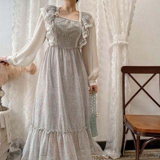 Ruffle-detail Lace-trim Chiffon Dress