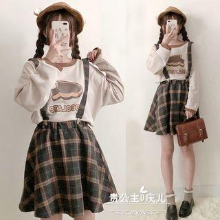 Long-sleeve Print T-shirt / Mini Plaid Jumper Skirt