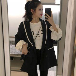 Balloon-sleeve Double-breasted Blazer Black - One Size